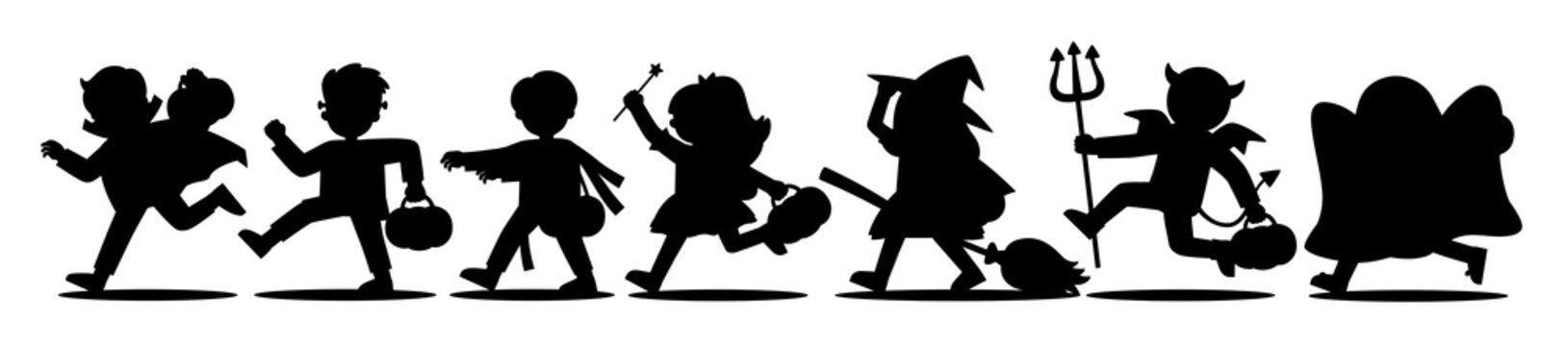 Silhouette of Children dressed in Halloween fancy dress to go Trick or Treating. Happy Halloween. Template for advertising brochure.