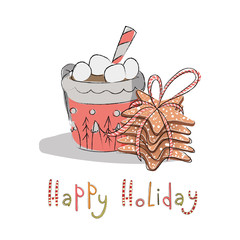 A cup of hot chocolate with marshmallows and Christmas cookies. Vector illustration of happy holidays.