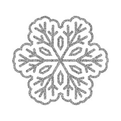 Shining silver snowflakes and snow. Merry Christmas card illustration on white background. Sparkling element with glitter texture