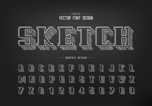 Pencil sketch shadow bold font and alphabet vector, Chalk script and number design