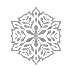 Shining silver snowflakes and snow. Merry Christmas card illustration on white background. Sparkling element with glitter texture