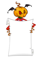 Cartoon jack o lantern pumpkin head holding blank empty scroll paper for text