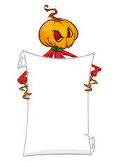 Cartoon jack o lantern pumpkin head holding blank empty scroll paper for text