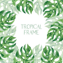 Watercolor frame with bright tropical leaves on white background. Hand drawn summer illustration. Perfect for booklet, advertising, summer sale