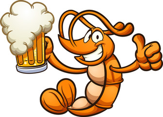 Happy cartoon shrimp holding a beer clip art. Vector illustration with simple gradients. Shrimp and beer on different layer.  © Memoangeles