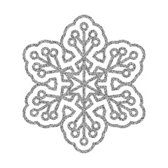 Shining silver snowflakes and snow. Merry Christmas card illustration on white background. Sparkling element with glitter texture