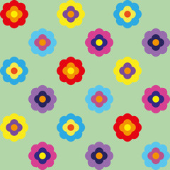seamless background of colorful flowers in red, pink, blue and purple on green
