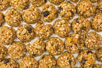 background of granola cereal bites with quinoa and dried blueberries
