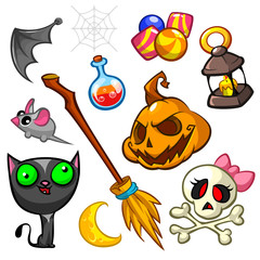 Cartoon set of Halloween symbols. Vector illustration