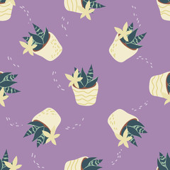 Seamless pattern with home plants flat vector illustration scandinavian style.