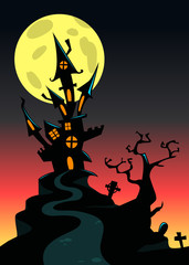 Cartoon scary haunted house. Halloween vector illustration