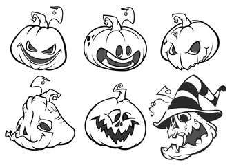 Cartoon scary Jack O' Lantern pumpkins set outlined