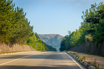 Russian asphalt roads. Background road. Roads in the mountains of Crimea. Travel by car. Road views.