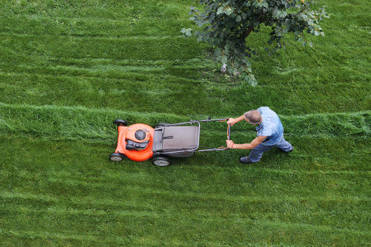 Man Cuts The Lawn. Lawn Mowing. Aerial View Lawn Mower On Green Grass. Lawn Mower Mower. Mowing Tool