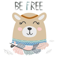 Cute little bear smiling face with graceful feather in the Scandinavian style. Inscription quote Be Free. Graphic design.
