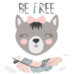 Cute little wolf smiling face with graceful feather in the Scandinavian style. Inscription quote Be Free. Graphic design.