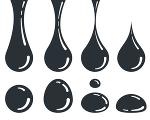 flat vector icon on a white background, falling drops of black color with highlights, water or oil