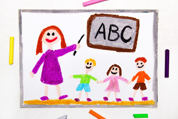 Fototapeta na wymiar Colorful drawing: teacher and students in the classroom. Teaching children the alphabet
