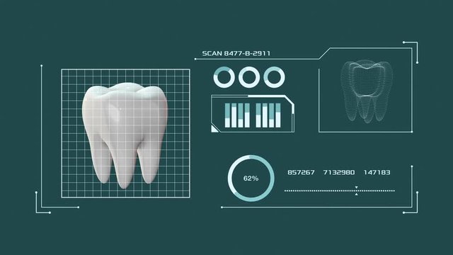 human tooth and a scan software interface, concept of dentistry and technology, seamless loop (3d render)