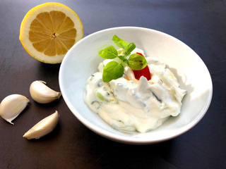 Tsatsiki, Greek tzatzíki, also Tzatziki is a wonderful, refreshing appetizer of Greek cuisine made from Greek yogurt, cucumber, olive oil and garlic.