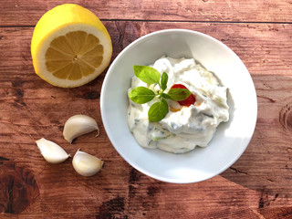 Tsatsiki, Greek tzatzíki, also Tzatziki is a wonderful, refreshing appetizer of Greek cuisine made from Greek yogurt, cucumber, olive oil and garlic.