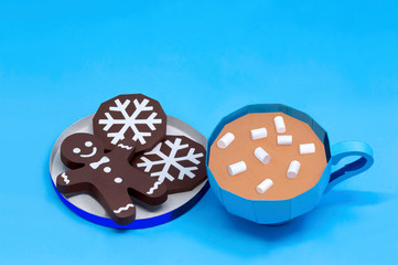 3d paper cup with hot chocolate and Christmas paper gingerbread