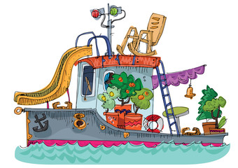 A set of cute floating boat houses or debarcaders supplied with eco energy systems and entertiments. Cartoon. Caricature.