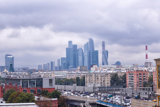 View of Moscow from Sparrow Hills (Vorobyovy Gory) at cloudy day. Translate: 3rd Ring, Kutuzovsky Avenue, Komsomolsky Avenue, Vernadsky Avenue, MKAD