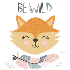 Cute little fox smiling face with graceful feather in the Scandinavian style. Lettering quote Be wild. Graphic design.