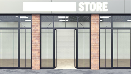 Modern store. Shopfront with large large windows, brick columns. 3d render. The empty space inside is illuminated. Interior with white walls. Loft style.
