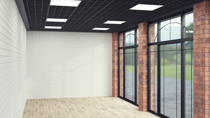 Fototapeta premium Modern empty space store, great design for any purposes. Realistic 3d illustration. Product advertising. Retail business urban shop, store. Modern design. Abstract background.
