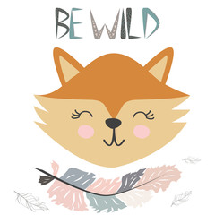 Cute little fox smiling face with graceful feather in the Scandinavian style. Lettering quote Be wild. Graphic design.