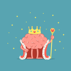 Cartoon king brain character. Brain with crown and royal mantle. Vector illustration in flat style.