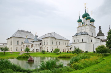 Fototapeta na wymiar Rostov Kremlin. View of the Church of John the theologian and the Red chamber. Rostov Veliky, Yaroslavl region, Russia. The Golden Ring of Russia