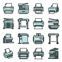 Printer icons set. Outline set of printer vector icons for web design isolated on white background
