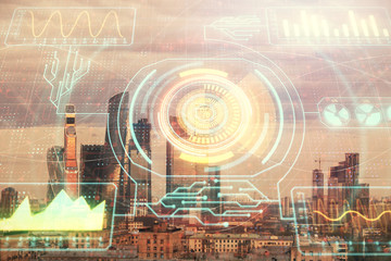 Double exposure of abstract technology drawing on cityscape background. Concept of tech innovation