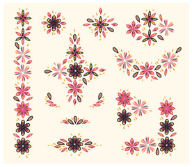 Vector set of decorative ornaments, frames, arrangements & elements with Mexico traditional celebration decor floral style on light background. Good for packaging, prints, cards, textile, advertising.