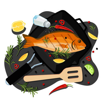 Cooking Fish Dorado, Tuna, Trout, Vector Cartoon Top View Illustration. Grill Pan With Sea Bream, Spices, Ingredients