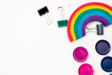 Colorful stationary school supplies on white background, space or text flat layer. Concept back to school