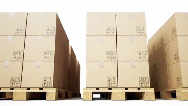 Wooden pallets, brown cardboard boxes with goods arranged in row on white background. Loopable 60 fps animation.