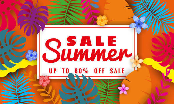 Summer sale banner template for seasonal sales with tropical leaves flowers background