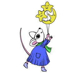 The symbol Chinese new year 2020 - the white cute little mouse in winter clothes holds festive balloons. Cartoon vector illustration on a white background.