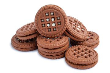 Brown chocolate milky cream filled cookies isolated