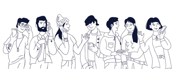 Peopletalking and taking selfies with smartphone flat vector illustration isolated.