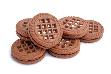 Brown chocolate milky cream filled cookies isolated