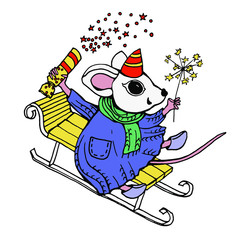 The symbol Chinese new year 2020 - the white cute little mouse in winter clothes holds holiday firecracker and rides on a sled. Cartoon vector illustration on a white background.