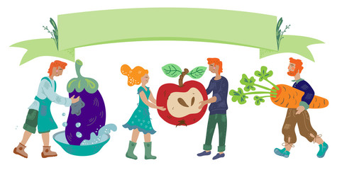 Autumn harvest banner with people and vegetables vector illustration isolated.