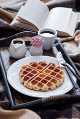 Belgian Waffles and coffee for breakfast in bed
