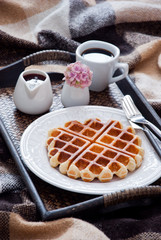 Belgian Waffles and coffee for breakfast in bed 