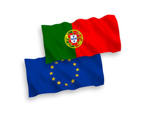 National vector fabric wave flags of European Union and Portugal isolated on white background. 1 to 2 proportion.